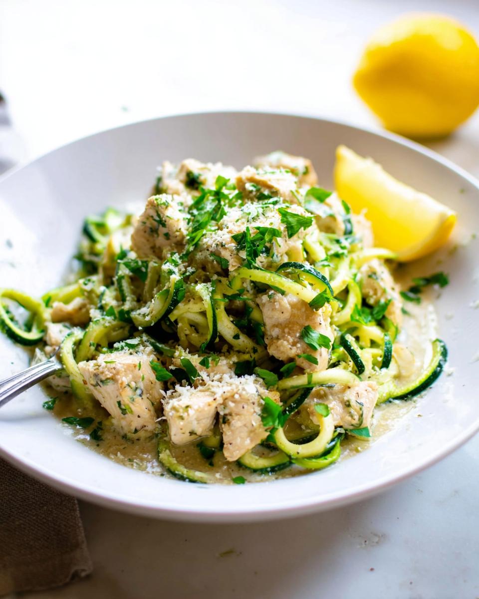 A white bowl filled with Zucchini Noodle Chicken Alfredo Lightened Up, topped with cheese and parsley, with a lemon wedge nearby.