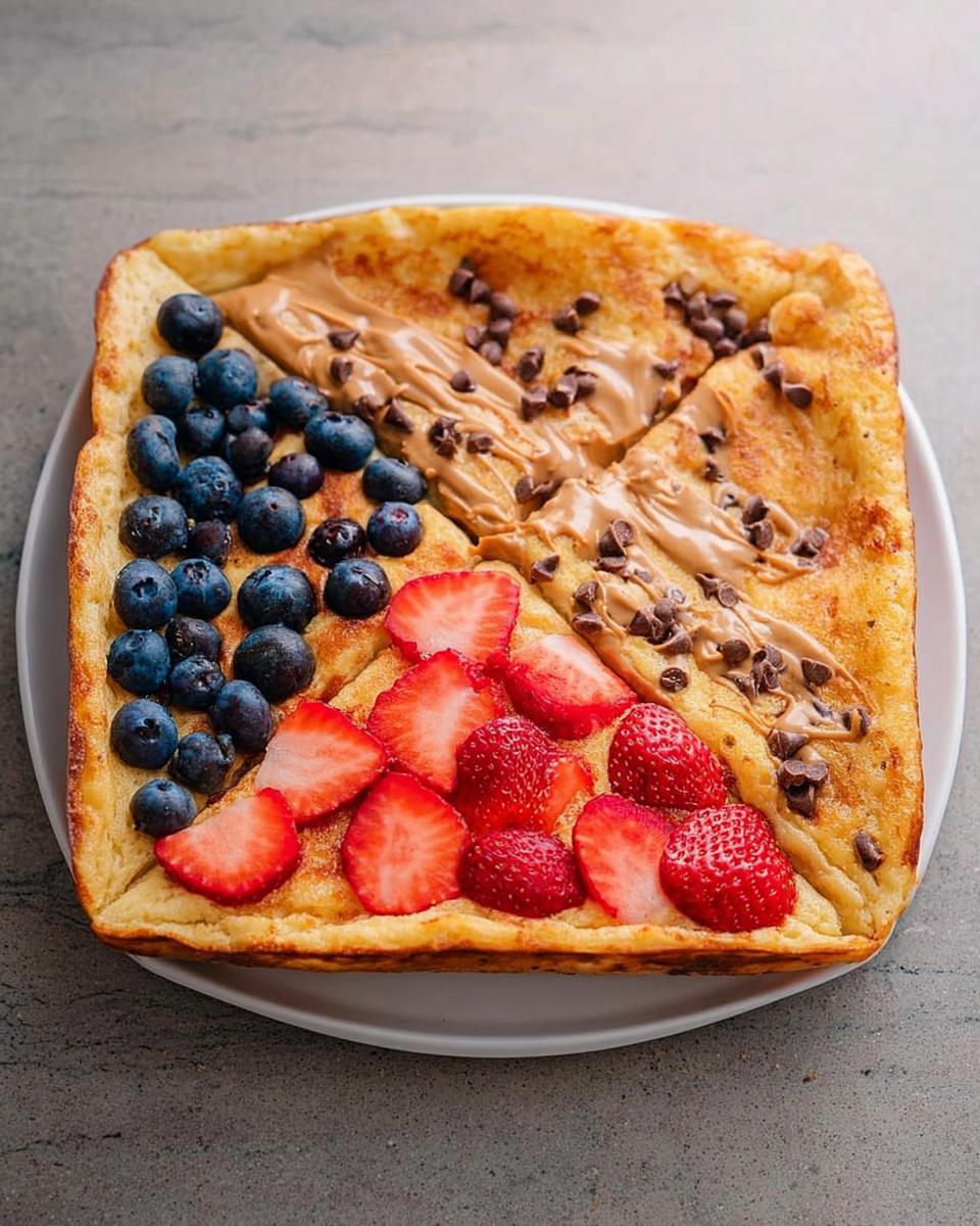 A square sheet pan pancake topped with fresh blueberries, sliced strawberries, peanut butter drizzle, and mini chocolate chips. A perfect 10-ingredient breakfast idea.