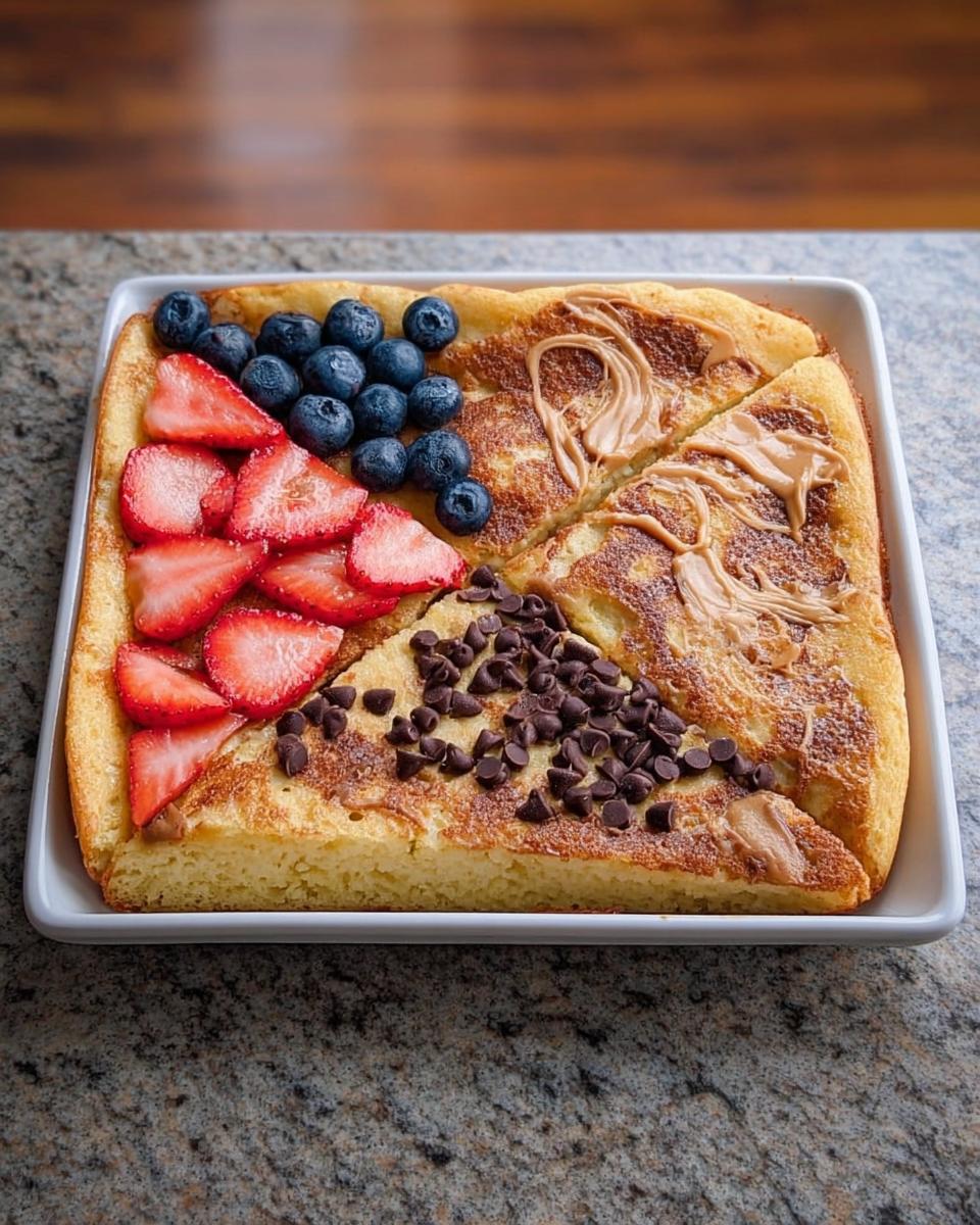 A square sheet pan pancake cut into four sections, topped with strawberries, blueberries, chocolate chips, and peanut butter. A perfect 10-ingredient breakfast idea.