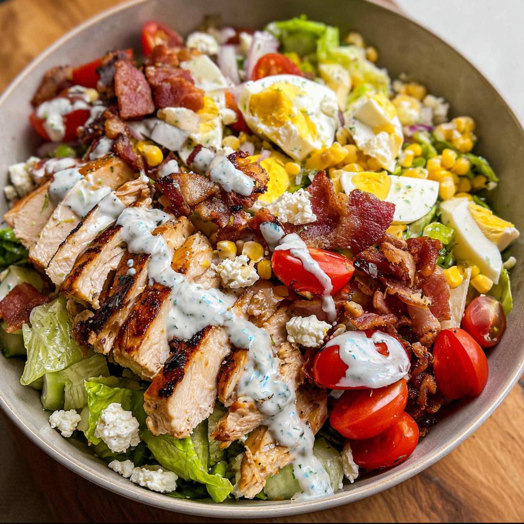 A hearty Cobb salad featuring grilled chicken, bacon, hard-boiled eggs, tomatoes, corn, and a creamy dressing.