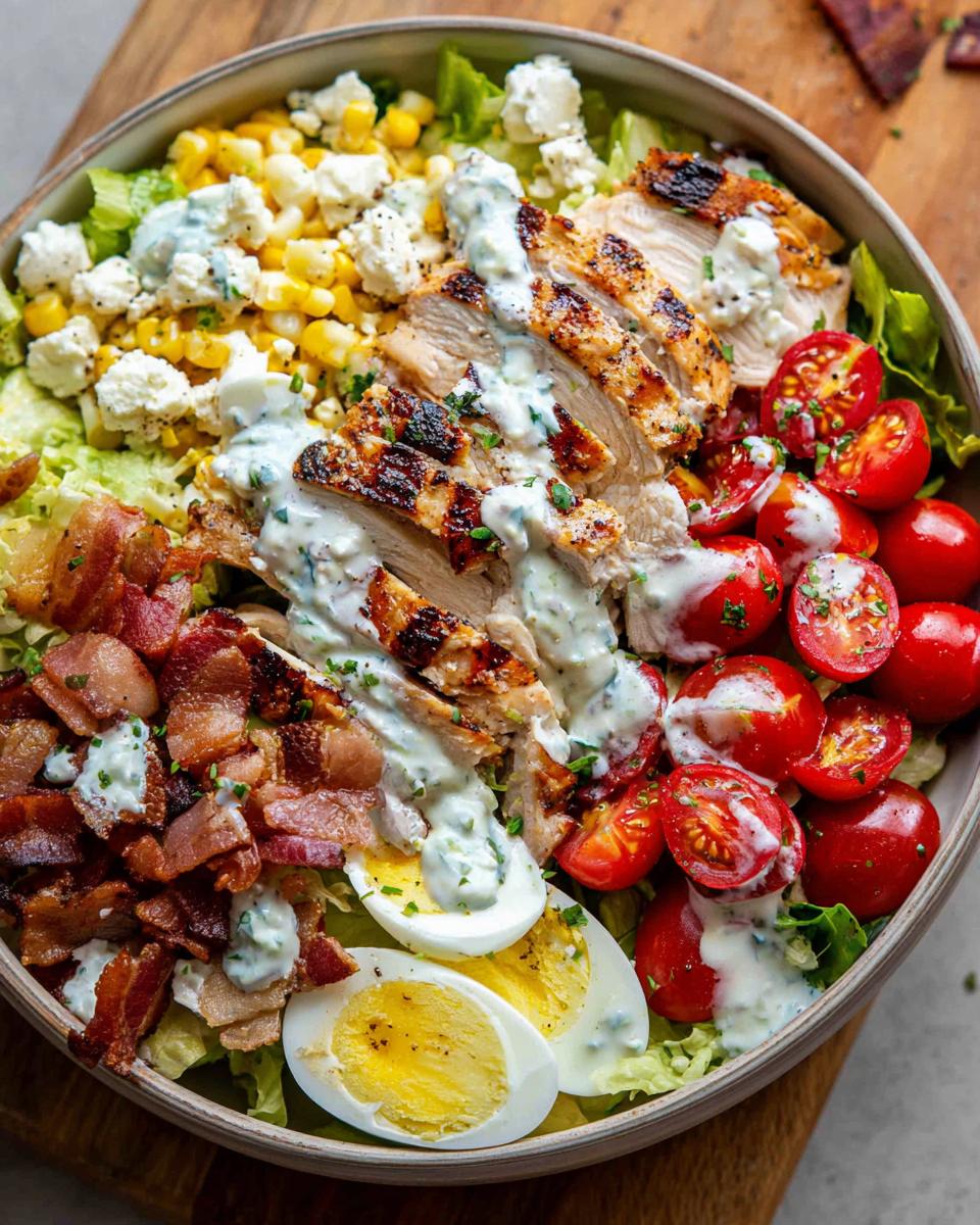 A hearty salad featuring grilled chicken, bacon, hard-boiled eggs, corn, tomatoes, and blue cheese dressing, part of 10-Ingredient Chicken Recipes.