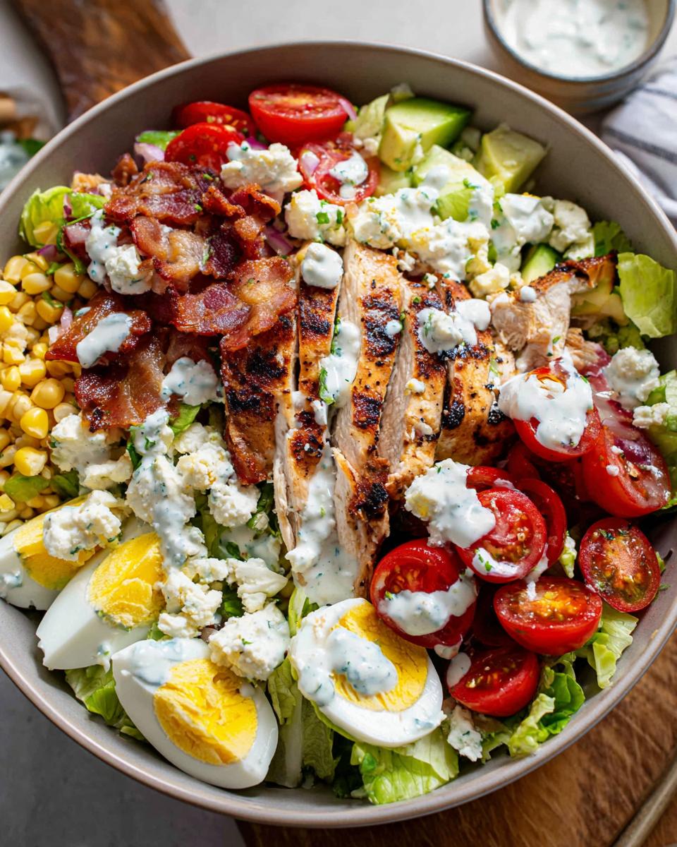 Close-up of a delicious 10-ingredient chicken salad featuring grilled chicken, bacon, hard-boiled eggs, corn, tomatoes, and blue cheese.