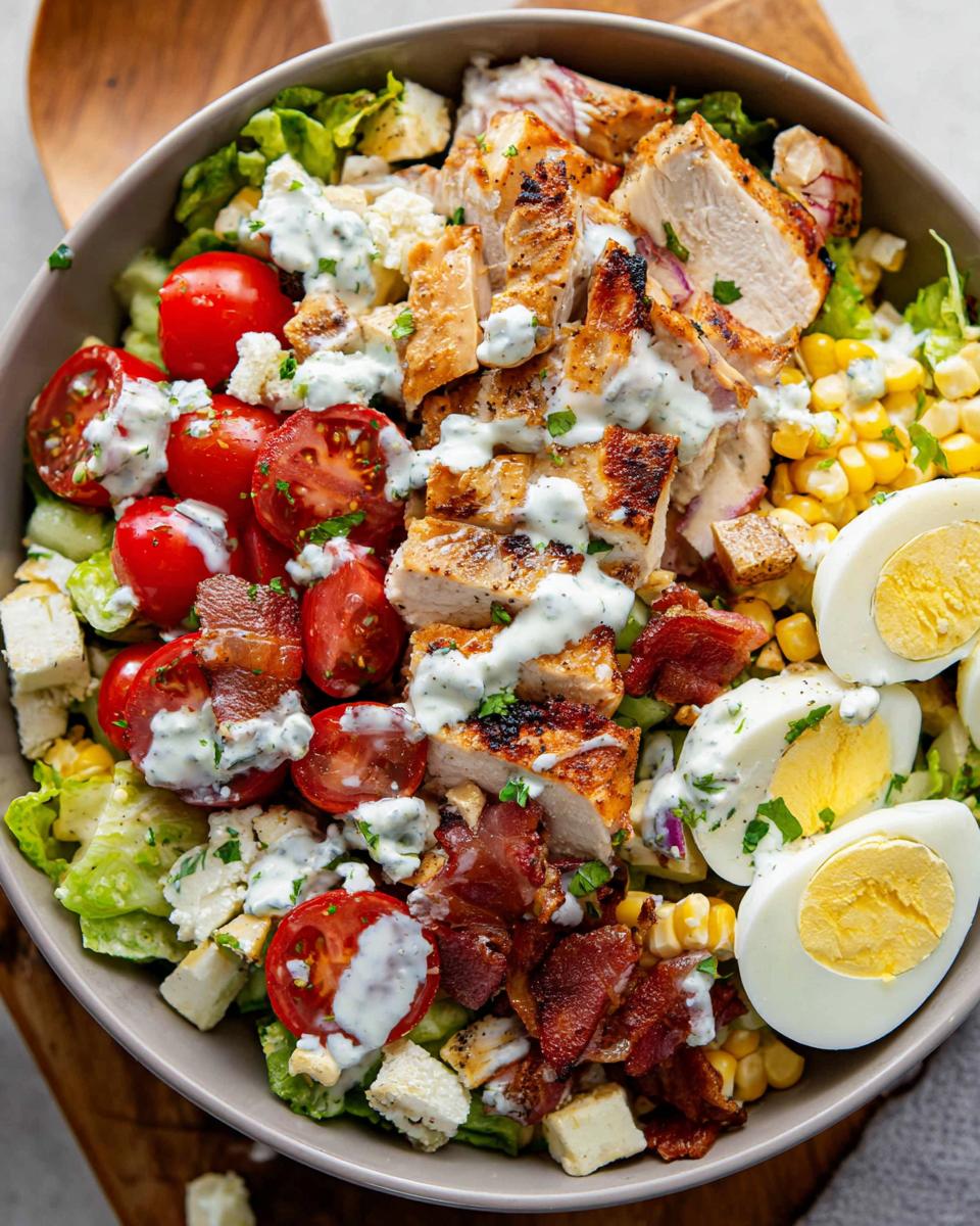 A delicious bowl of 10-ingredient chicken salad featuring grilled chicken, bacon, tomatoes, corn, and hard-boiled eggs.