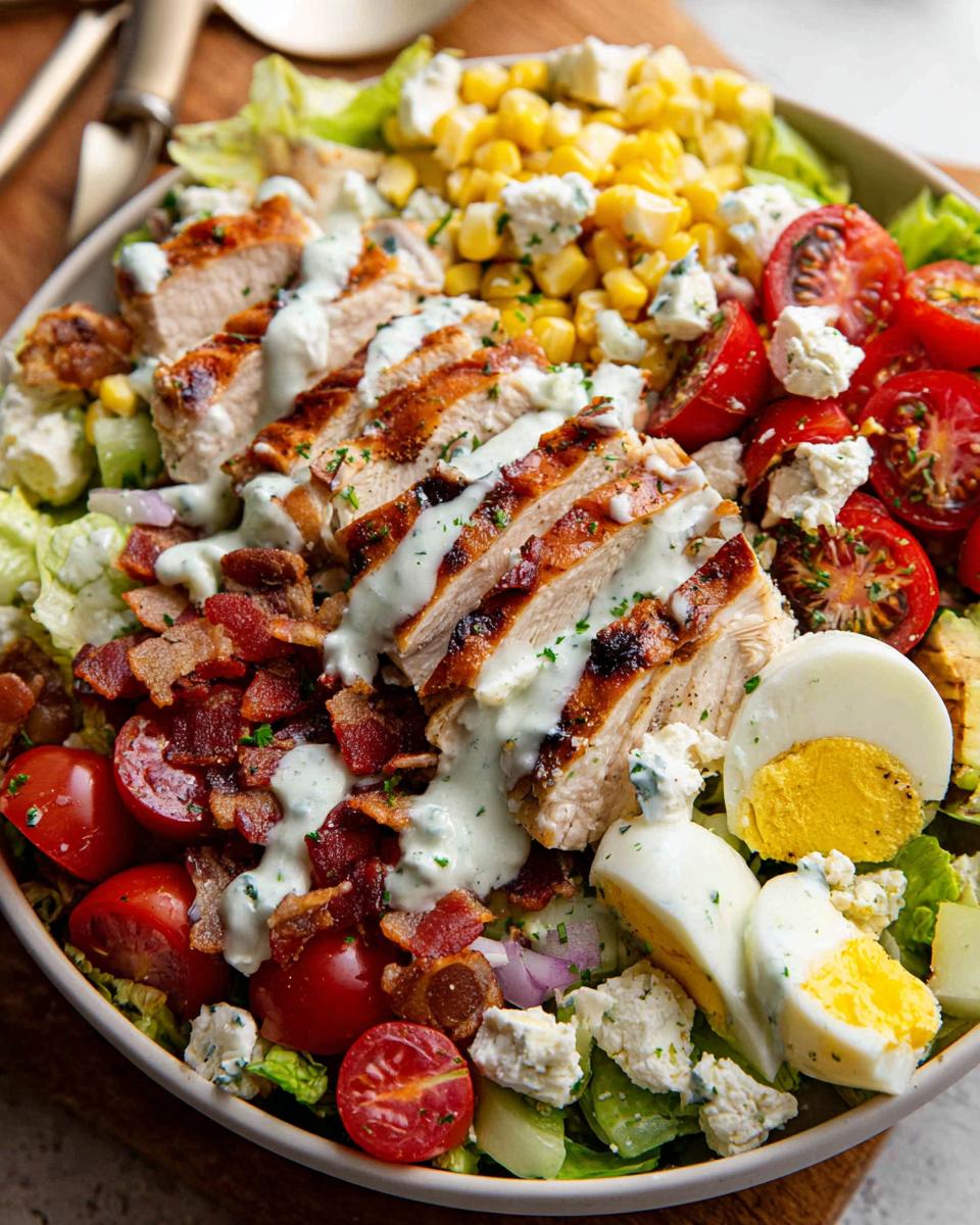 A delicious chicken salad featuring grilled chicken, bacon, corn, tomatoes, blue cheese, and hard-boiled eggs, drizzled with dressing. Part of 10-Ingredient Chicken Recipes.