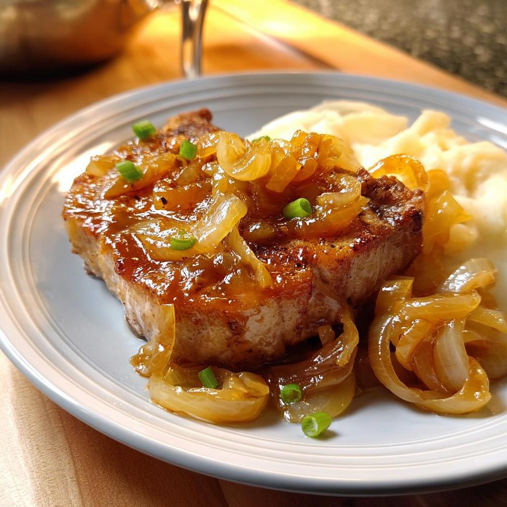A juicy pork chop topped with caramelized onions and green onions, served with mashed potatoes. A delicious 10-ingredient pork chops recipe.