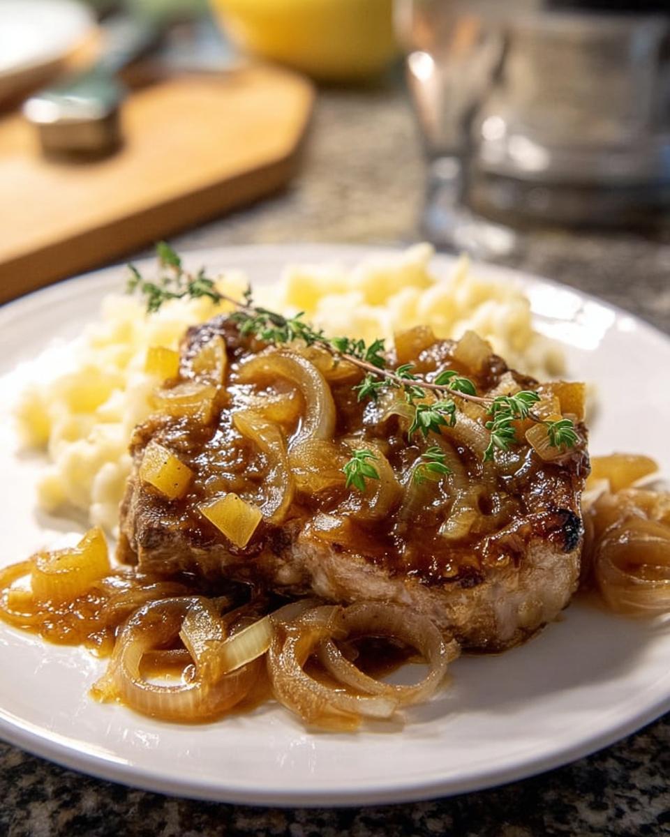 A close-up of 10-Ingredient Pork Chops smothered in rich gravy and caramelized onions, served with mashed potatoes.