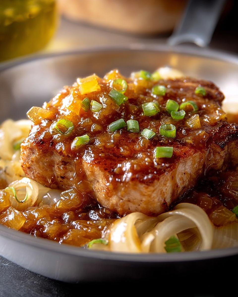A close-up of delicious 10-ingredient pork chops recipe served with glazed onions and topped with chopped green onions.