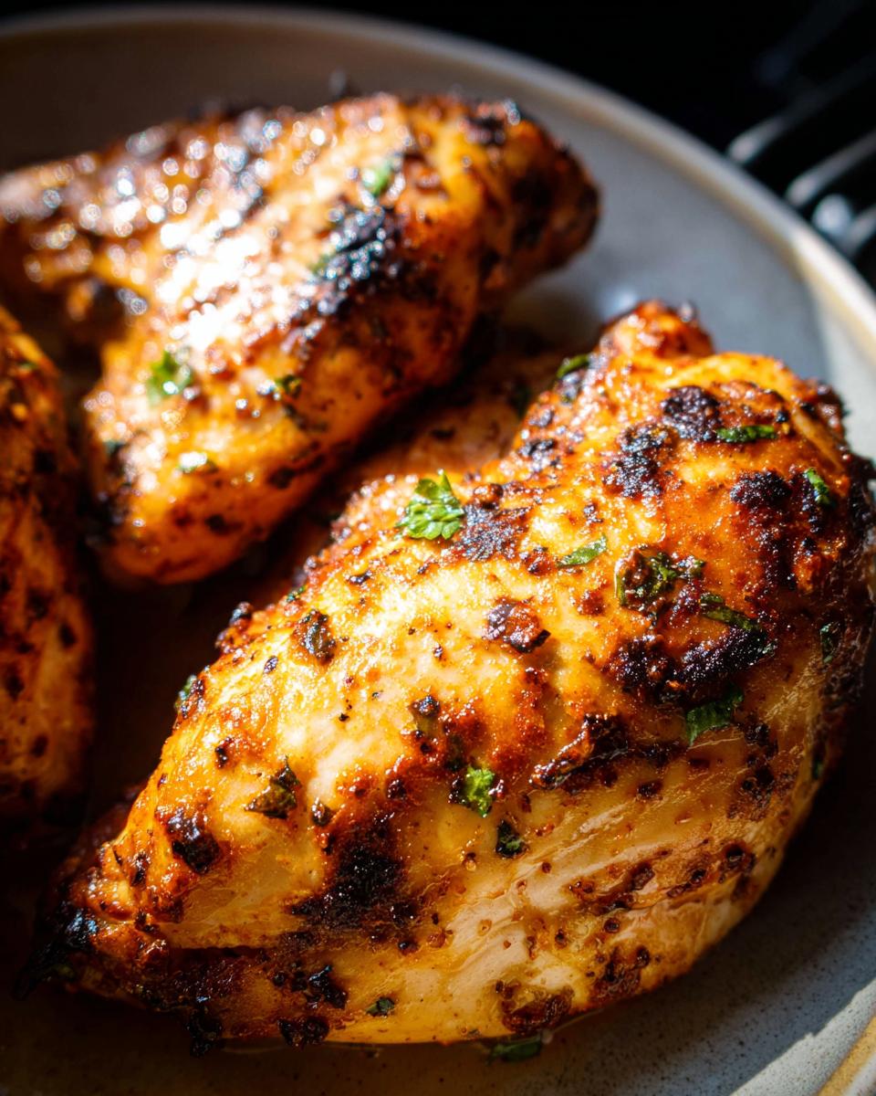 Close-up of juicy, seasoned 12-ingredient air fryer chicken breast with herbs.