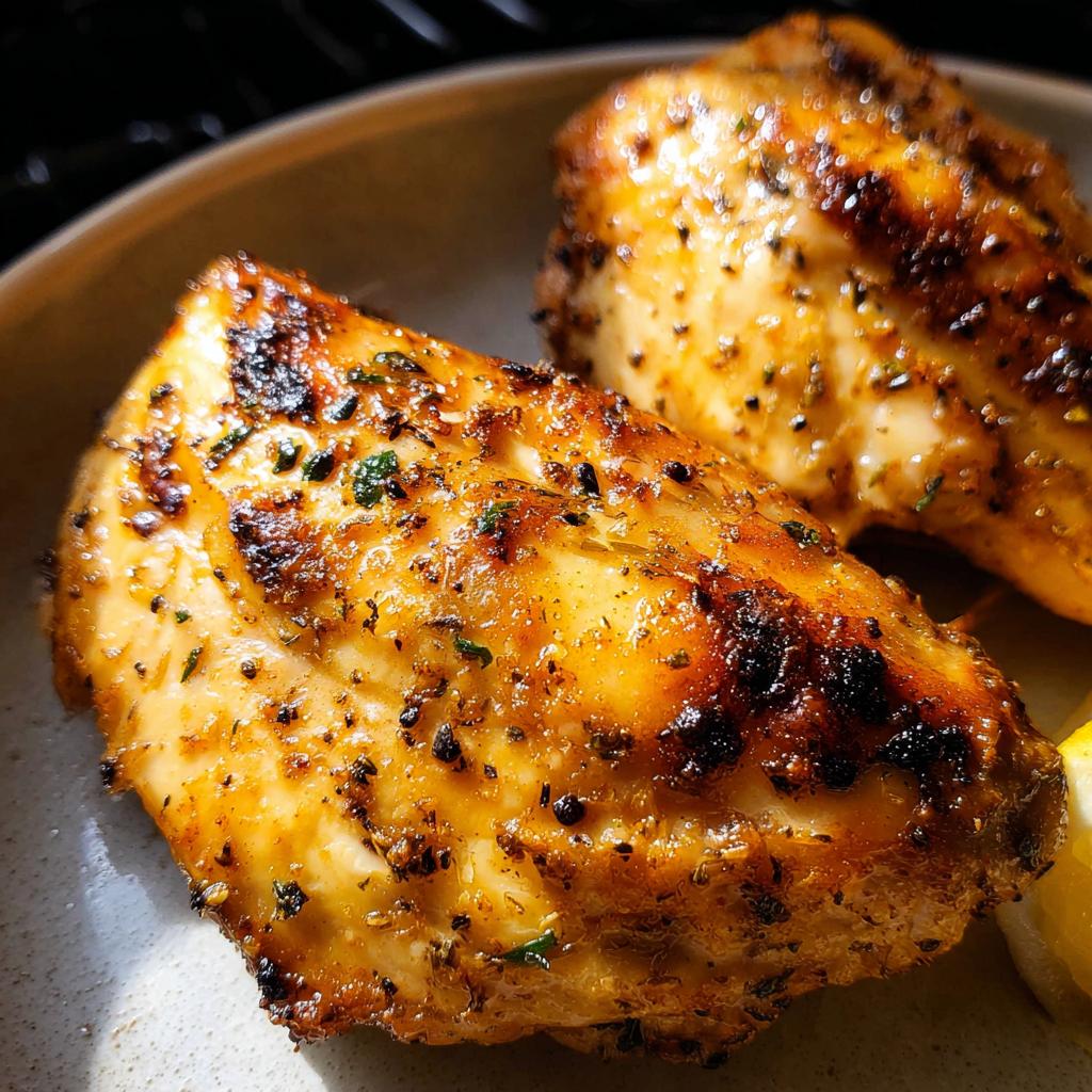 Close-up of two perfectly cooked air fryer chicken breasts, seasoned with herbs and spices, with a lemon wedge on the side.
