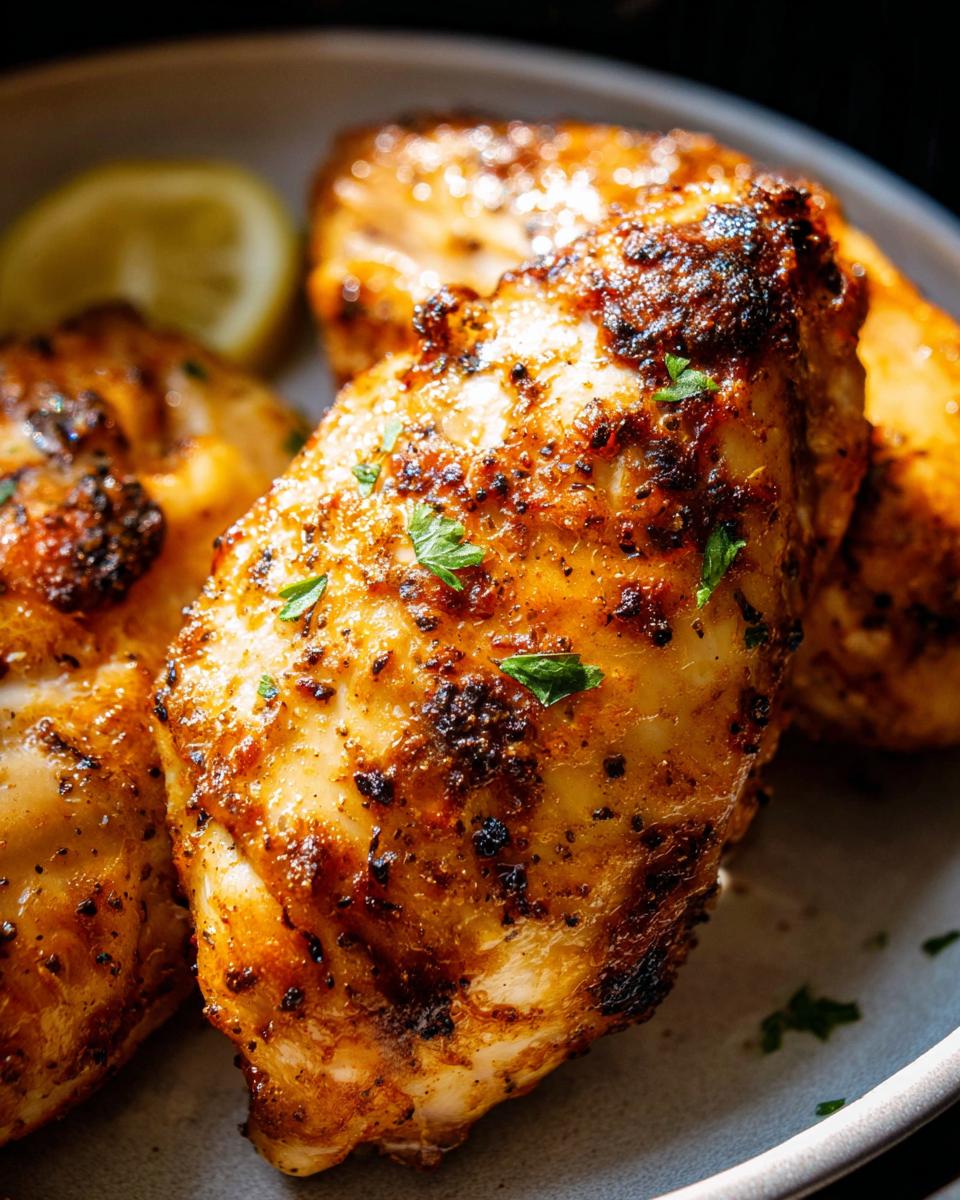 Close-up of juicy 12-ingredient air fryer chicken breasts seasoned with spices and garnished with parsley.