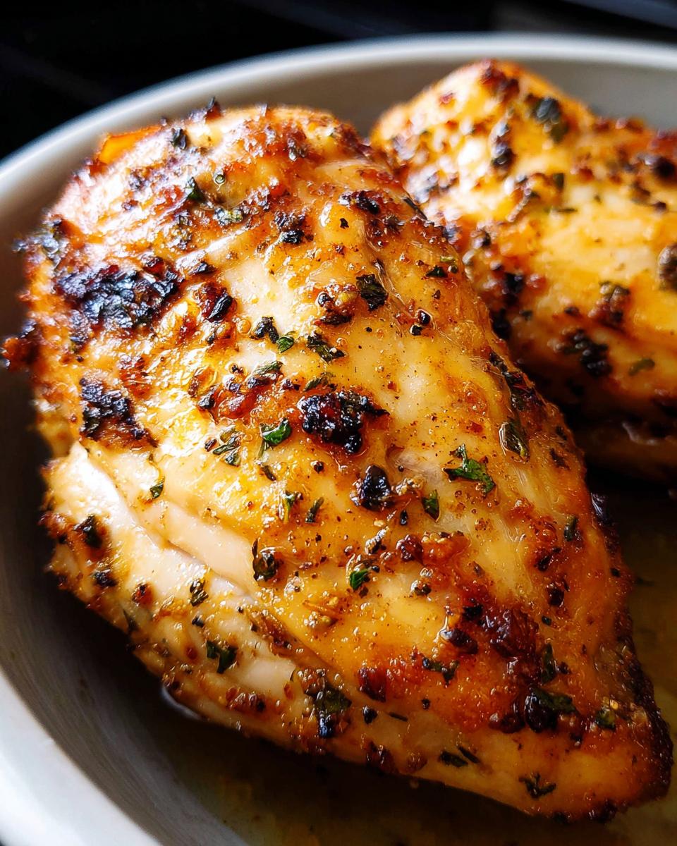 Close-up of two juicy, seasoned 12-Ingredient Air Fryer Chicken breasts in a bowl.
