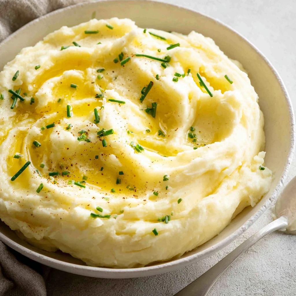 Close-up of fluffy 12-Ingredient Mashed Potatoes, topped with melted butter and fresh chives.