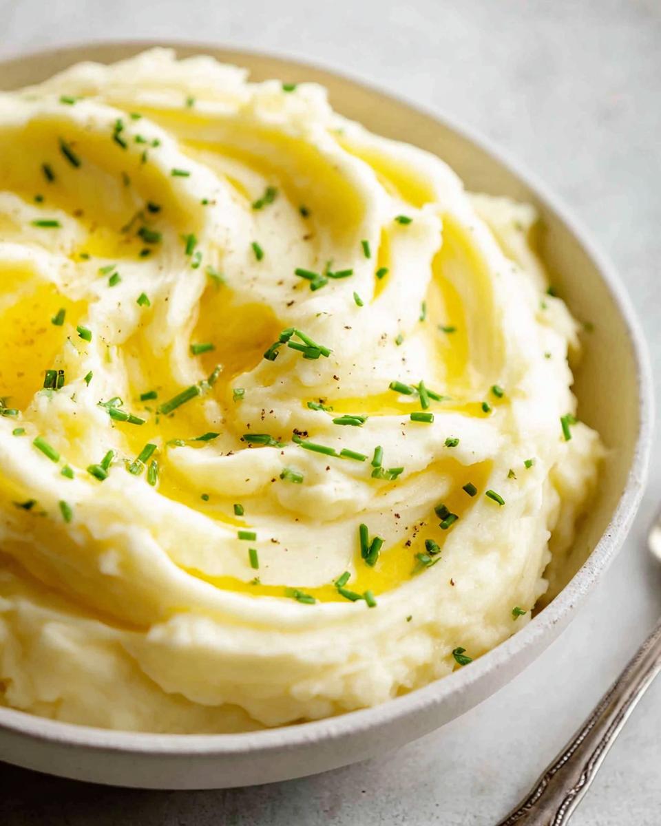 A close-up of creamy 12-Ingredient Mashed Potatoes Recipe, topped with melted butter and fresh chives.