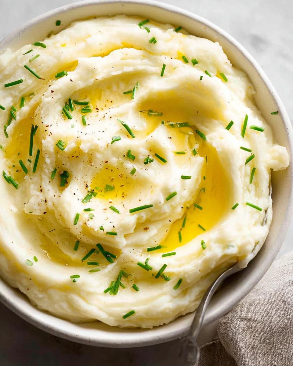 Close-up of creamy 12-Ingredient Mashed Potatoes Recipe topped with melted butter and fresh chives.