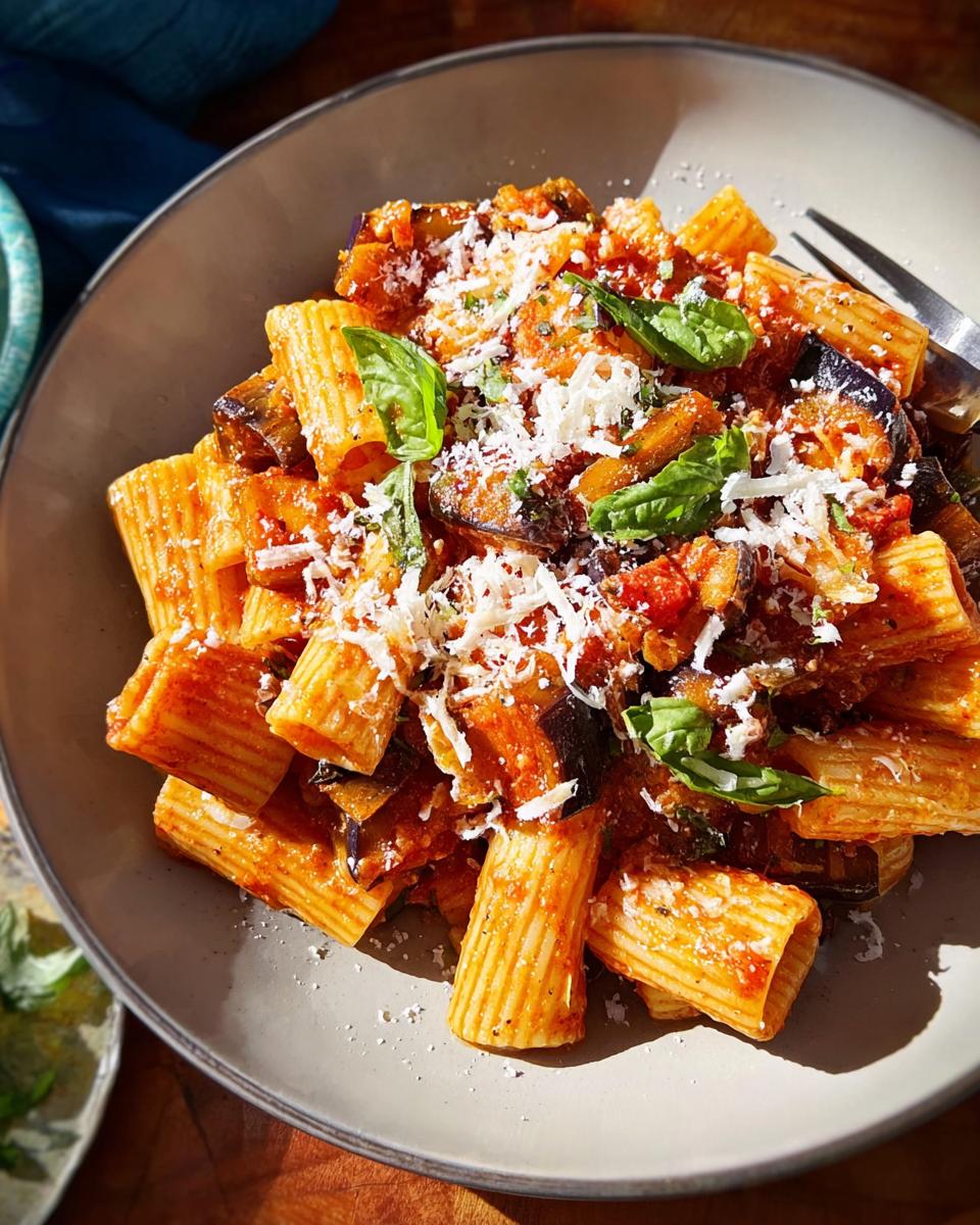 A close-up of rigatoni pasta with a rich tomato sauce, chunks of eggplant, and fresh basil, sprinkled with Parmesan cheese. A perfect 12-ingredient pasta recipe.