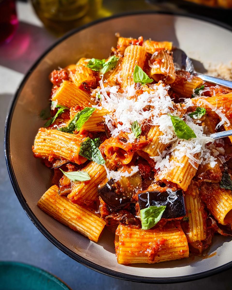 Close-up of rigatoni pasta with eggplant in a rich tomato sauce, topped with grated cheese and fresh basil. A delicious 12-ingredient pasta recipe.