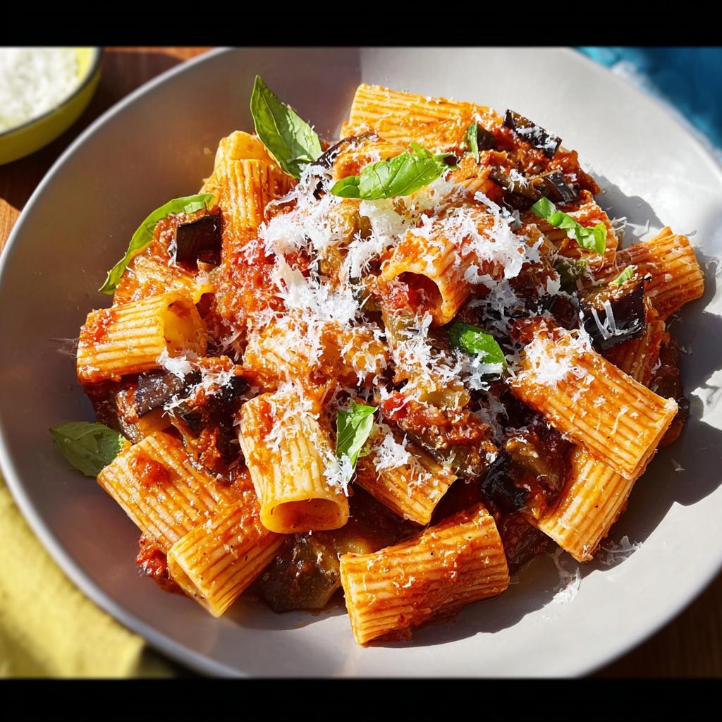 A close-up of rigatoni pasta with a rich tomato and eggplant sauce, topped with fresh basil and grated Parmesan cheese. Part of 12-Ingredient Pasta Recipes.