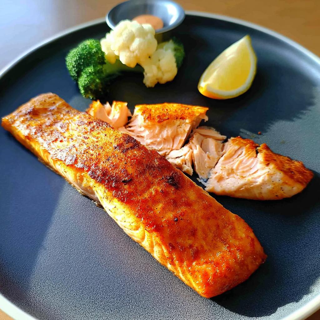 A perfectly cooked salmon fillet, flaked into pieces, served with broccoli, cauliflower, and a lemon wedge. Part of 12-Ingredient Salmon Recipes.