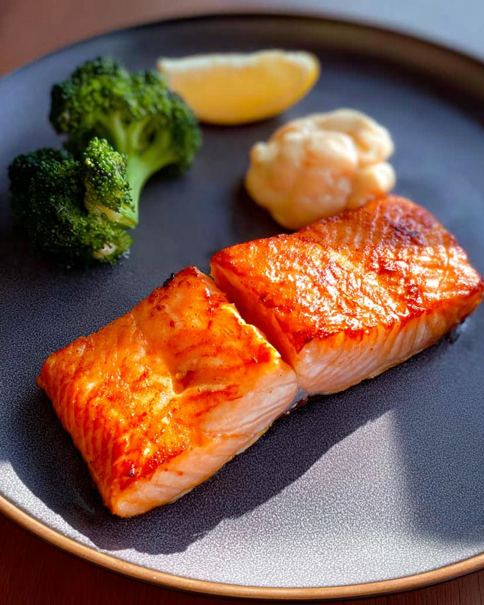 A perfectly cooked salmon fillet, part of a 12-Ingredient Salmon Recipe, served with broccoli and a lemon wedge.