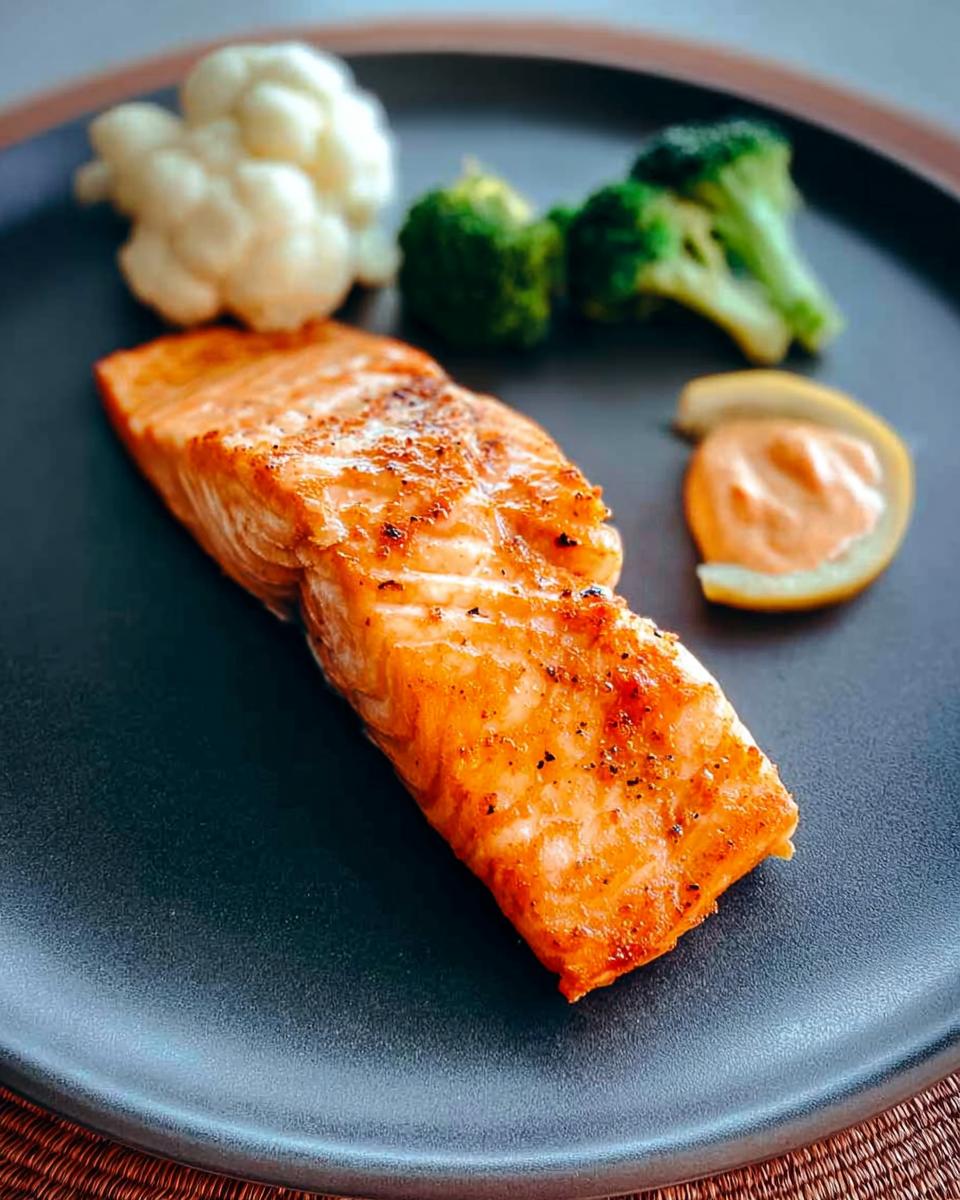 A perfectly cooked salmon fillet served with steamed broccoli, cauliflower, and a lemon slice with sauce. A great example of 12-Ingredient Salmon Recipes.