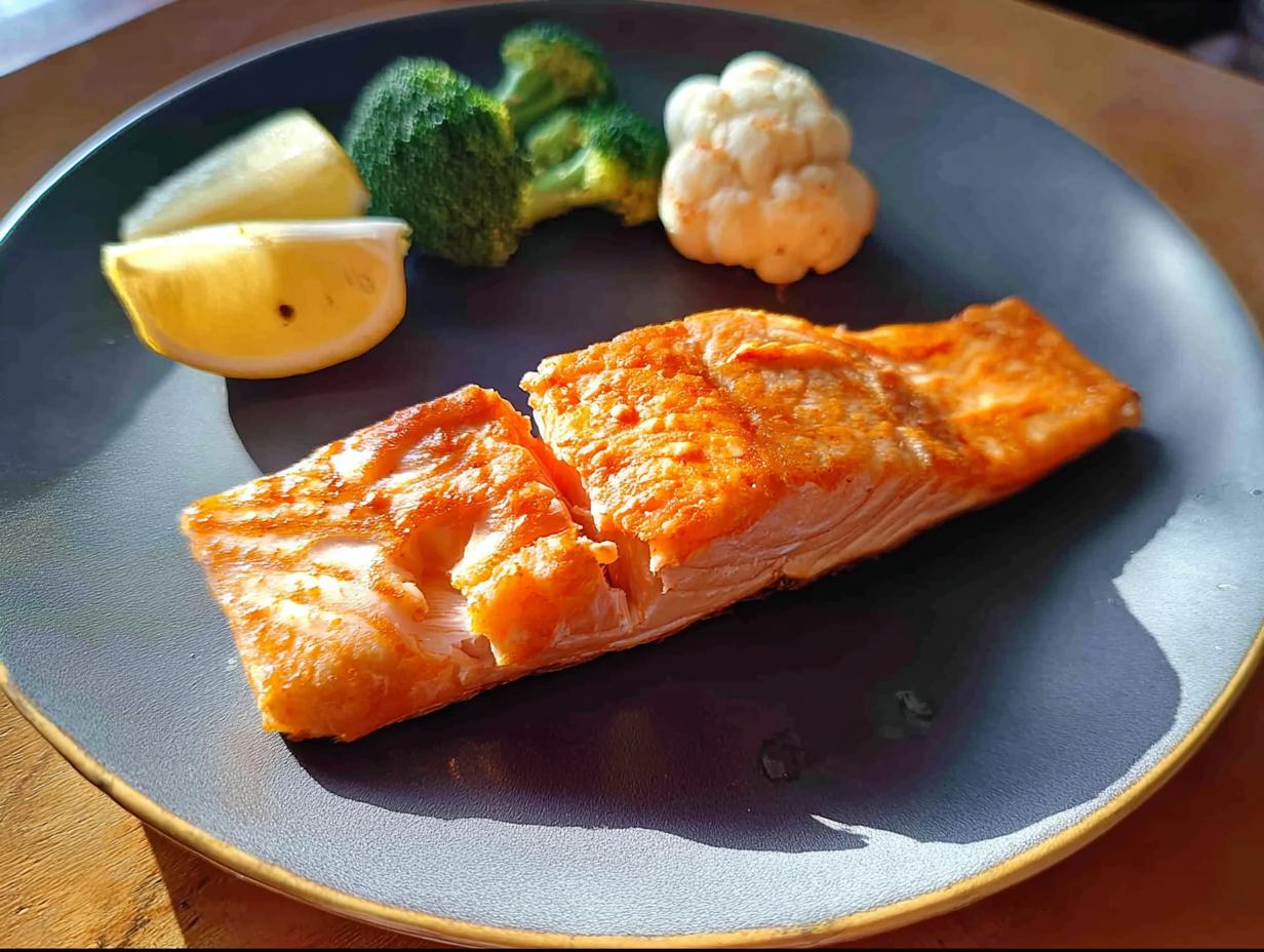 A beautifully cooked salmon fillet served with steamed broccoli, cauliflower, and a lemon wedge on a dark plate.