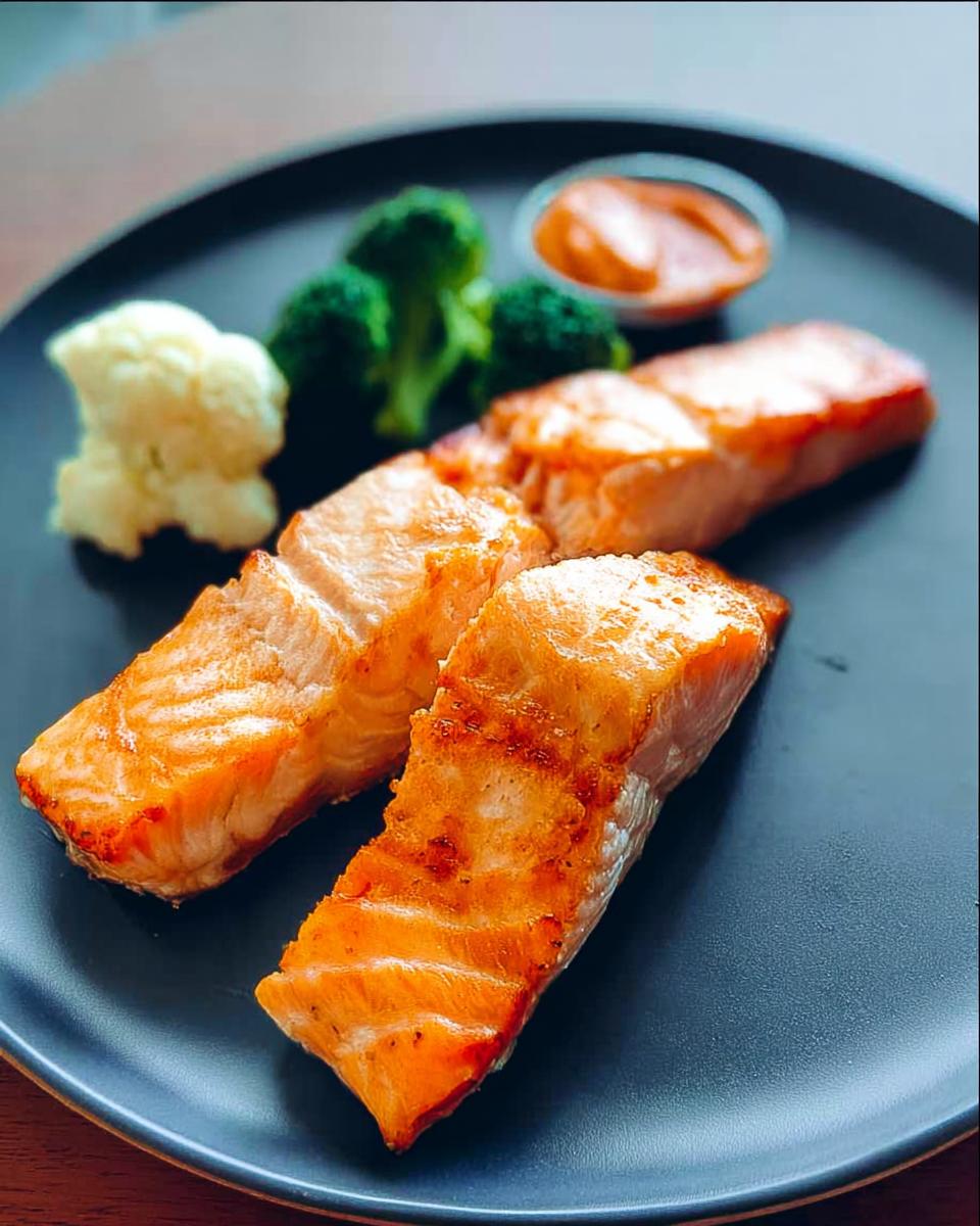 Three perfectly pan-seared salmon fillets served with steamed broccoli, and a side of dipping sauce.