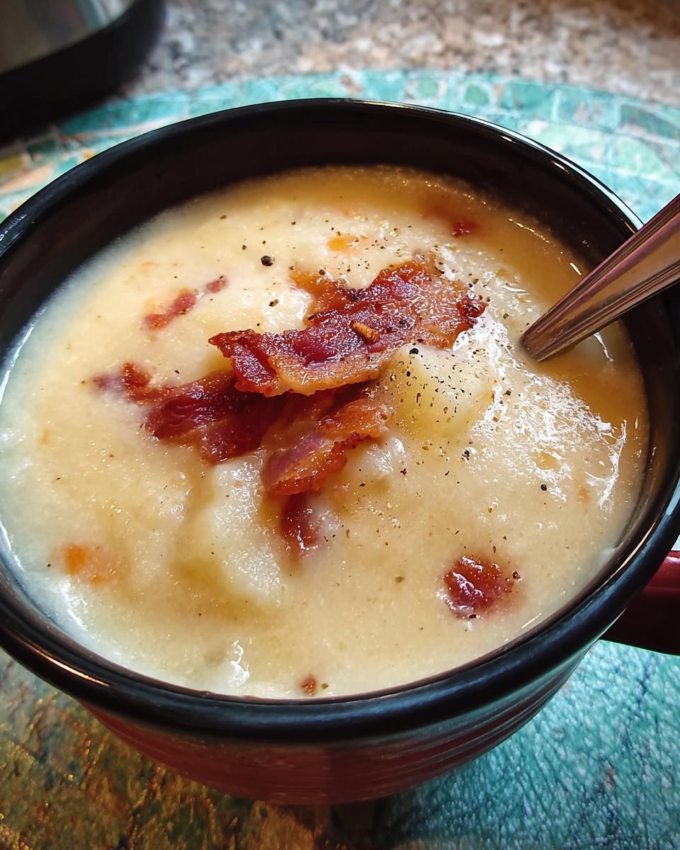 A hearty bowl of creamy 12-ingredient soup topped with crispy bacon and black pepper.