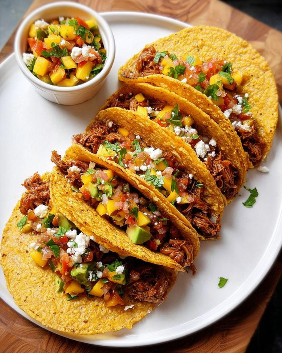 A plate of delicious 12-Ingredient Taco Tuesday Recipes filled with shredded meat, fresh salsa, and crumbled cheese.