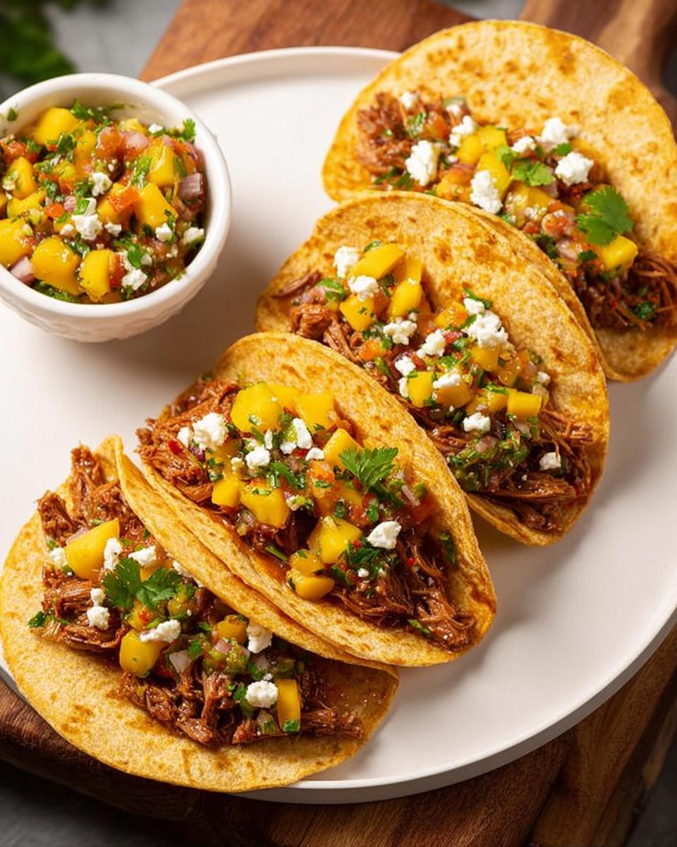 Close-up of shredded beef tacos with mango salsa and crumbled cheese, perfect for 12-Ingredient Taco Tuesday Recipes.