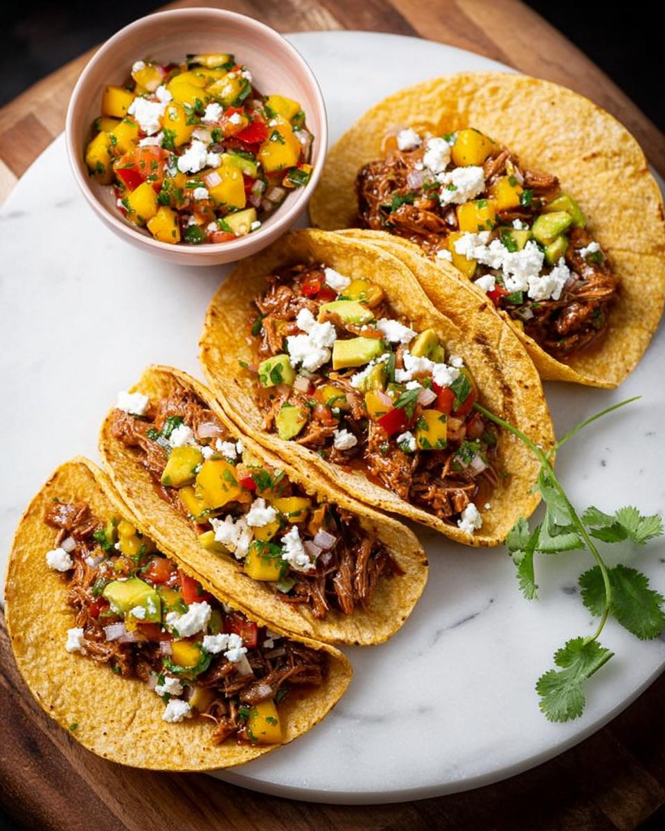 A plate of mouthwatering 12-Ingredient Taco Tuesday Recipes with pulled meat, fresh mango salsa, avocado, and crumbled cheese.