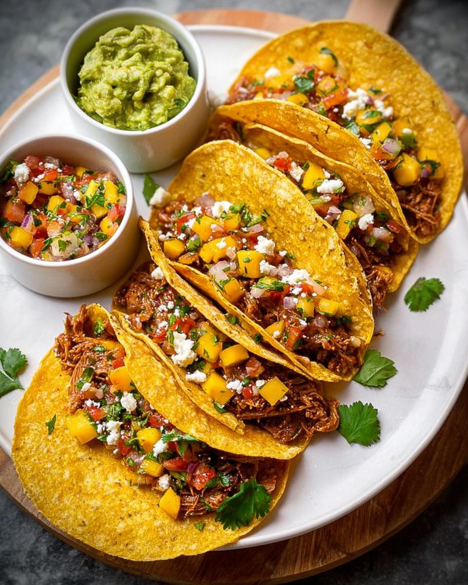 A plate of mouthwatering 12-Ingredient Taco Tuesday Recipes filled with shredded meat, mango salsa, and crumbled cheese.