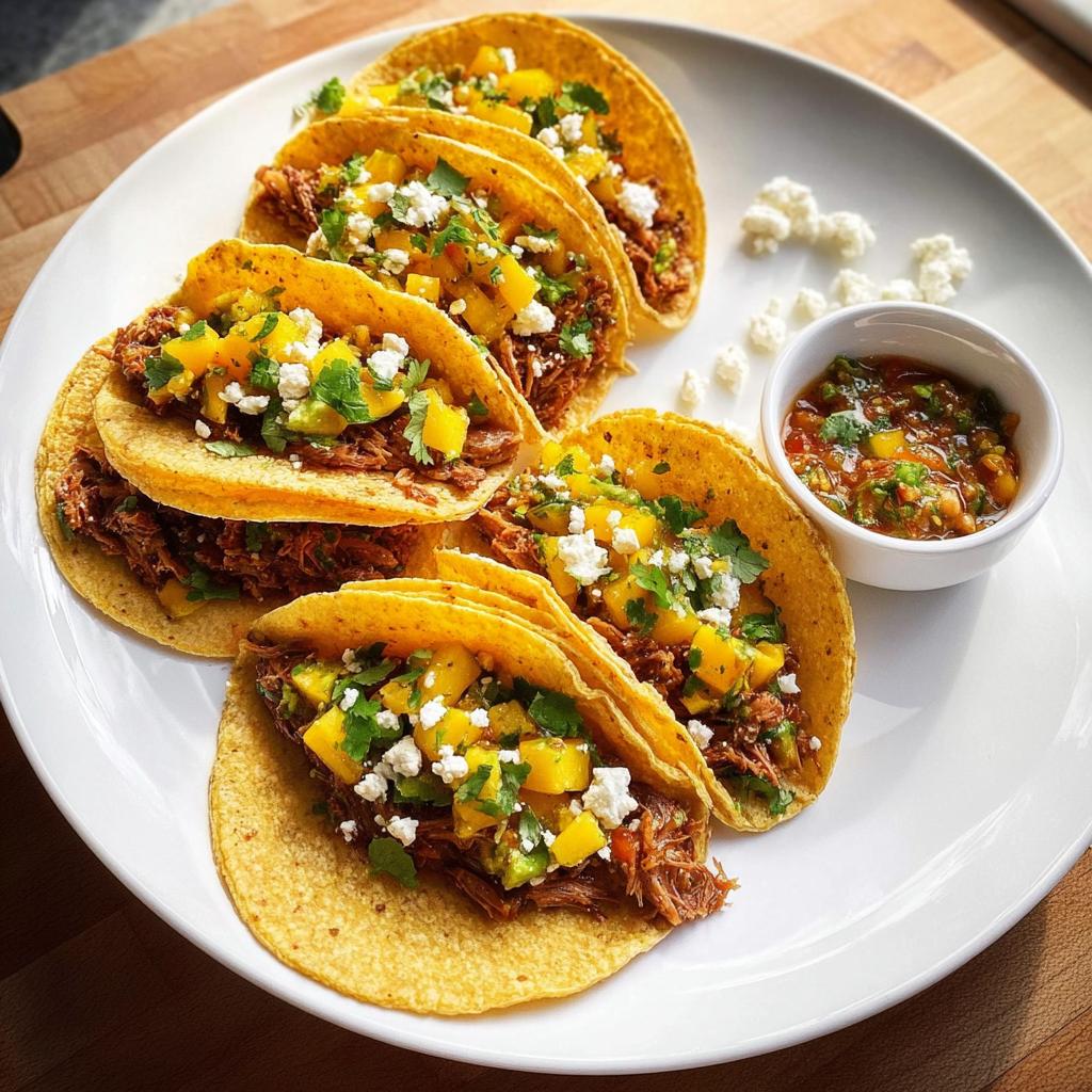 A plate of 12-ingredient tacos filled with shredded meat, mango salsa, and crumbled cheese, served with a side of salsa.