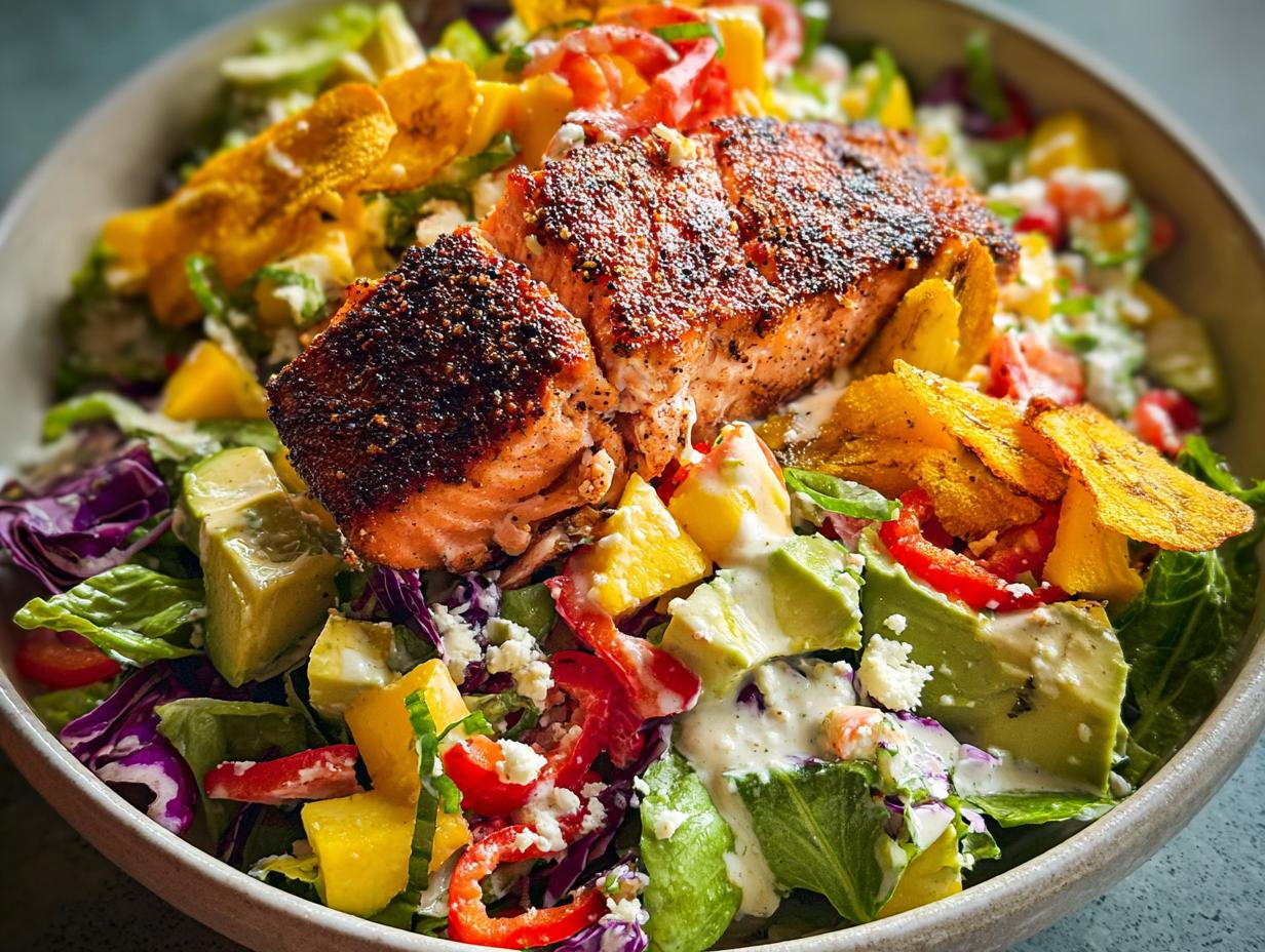 A vibrant salad topped with a perfectly cooked salmon fillet, featuring avocado, mango, red cabbage, and plantain chips.