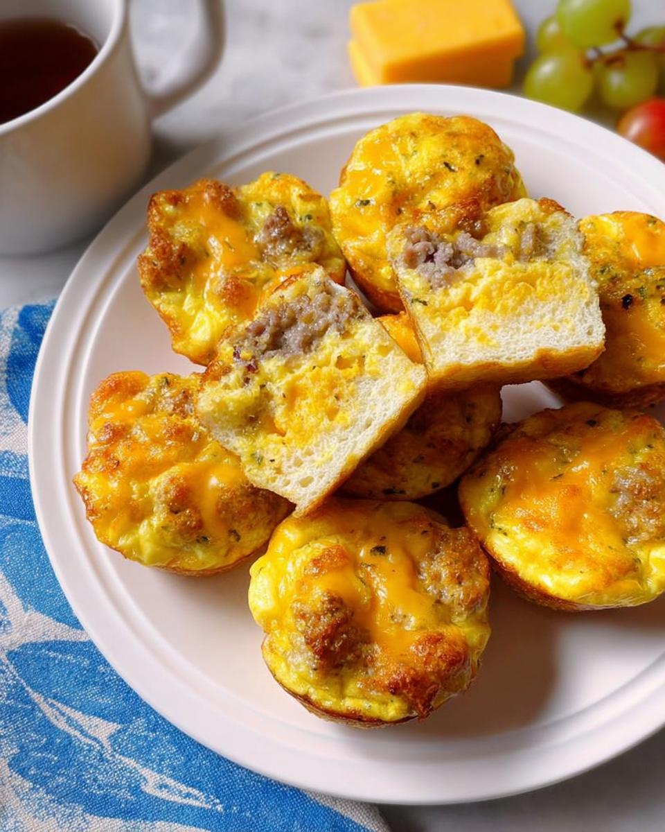 A plate of savory sausage and egg breakfast muffins topped with melted cheese, perfect for 20-Ingredient Breakfast Ideas.