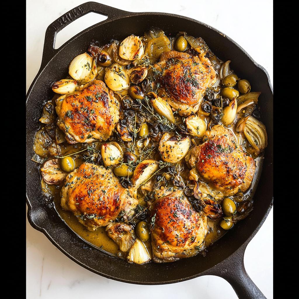 A cast iron skillet filled with 20-ingredient chicken thighs recipe, featuring golden-brown chicken, olives, garlic, and herbs.