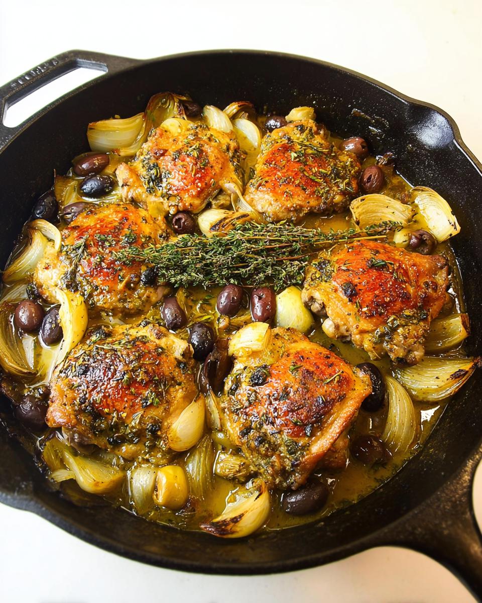 A cast iron skillet filled with 20-ingredient chicken thighs, olives, onions, and herbs.