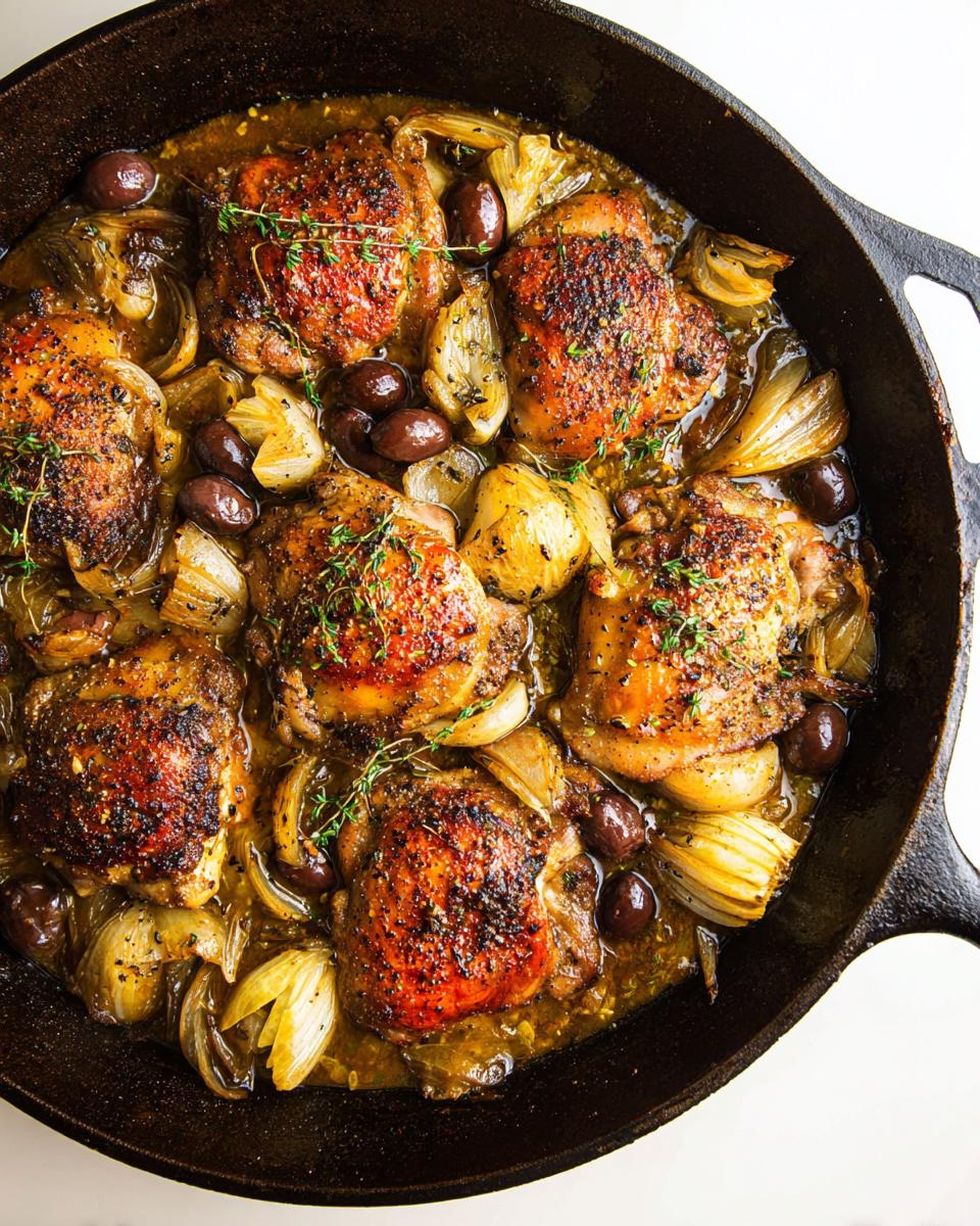 A cast iron skillet filled with 20-ingredient chicken thighs, olives, and onions, garnished with thyme.