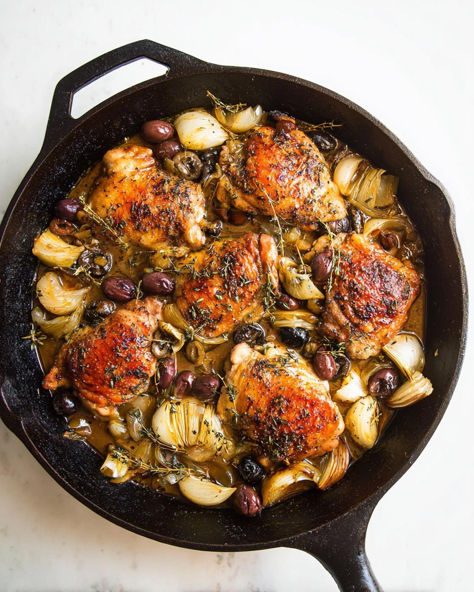 A cast iron skillet filled with 20-ingredient chicken thighs, olives, onions, and herbs.