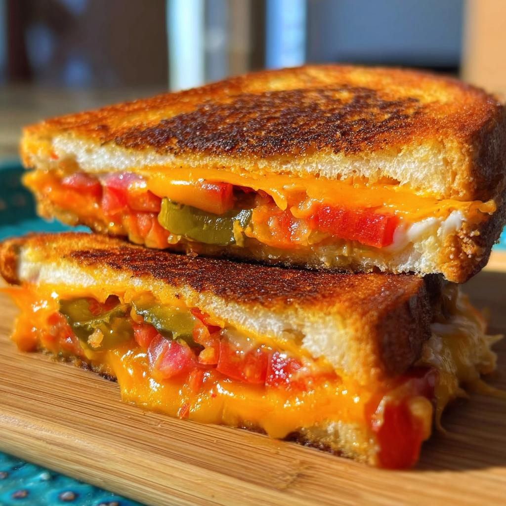 Close-up of a perfectly grilled cheese sandwich, cut in half, revealing melted cheese, tomatoes, and jalapenos.