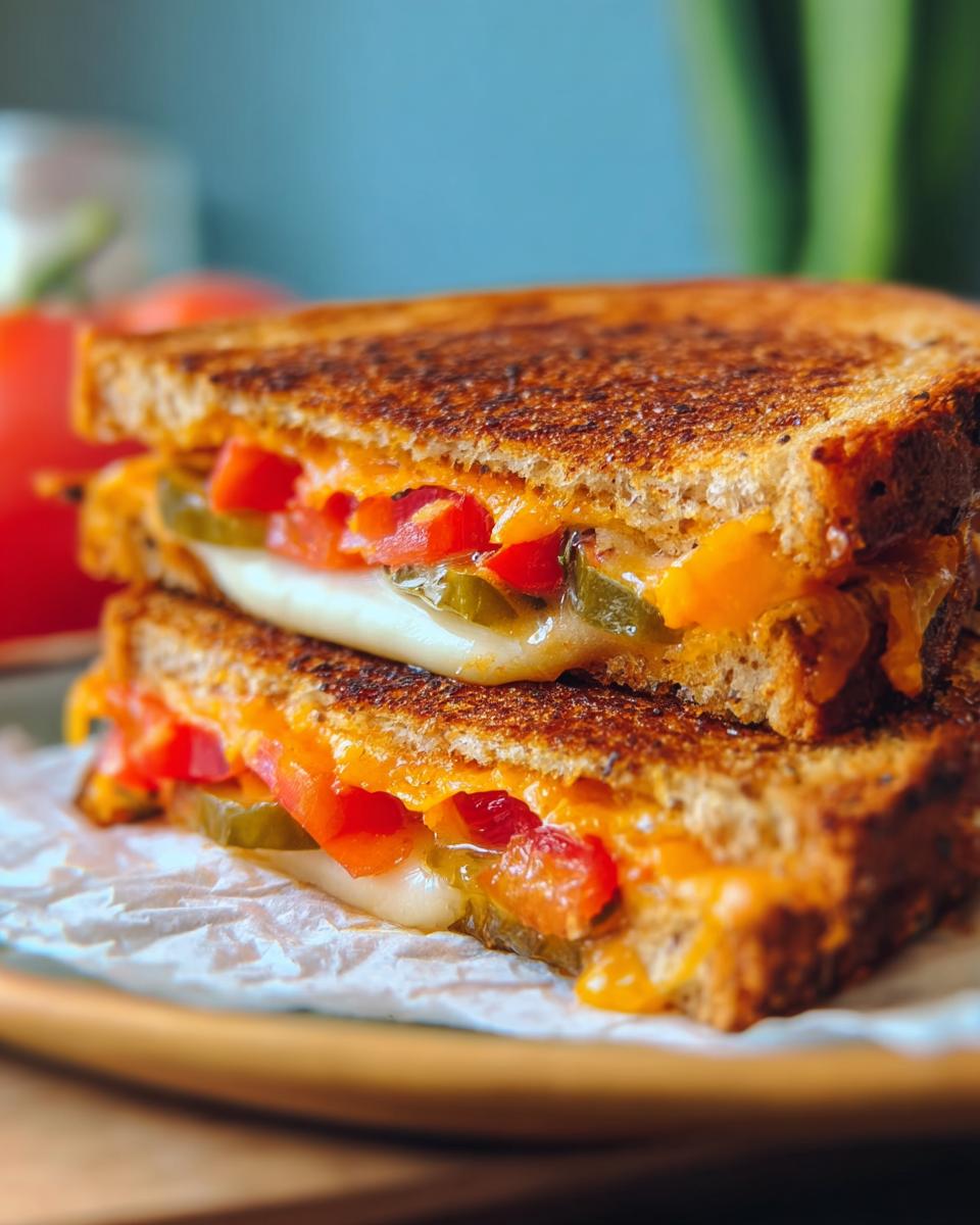 Close-up of a stacked 20-ingredient grilled cheese sandwich with melted cheese, tomatoes, and pickles.