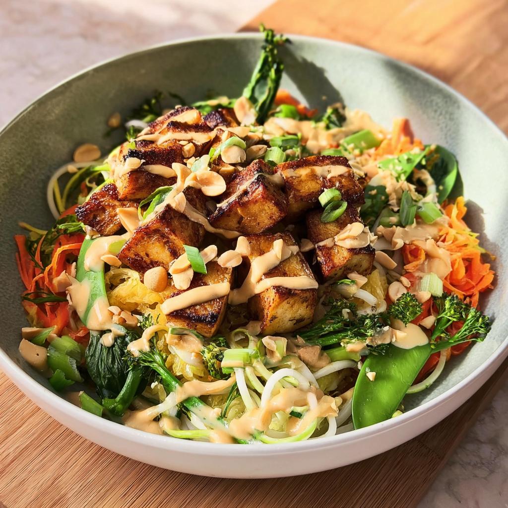 A vibrant and colorful 20-Ingredient Rice Bowl Recipe featuring crispy pan-fried tofu, spiralized zucchini, broccoli, carrots, and a creamy peanut sauce.