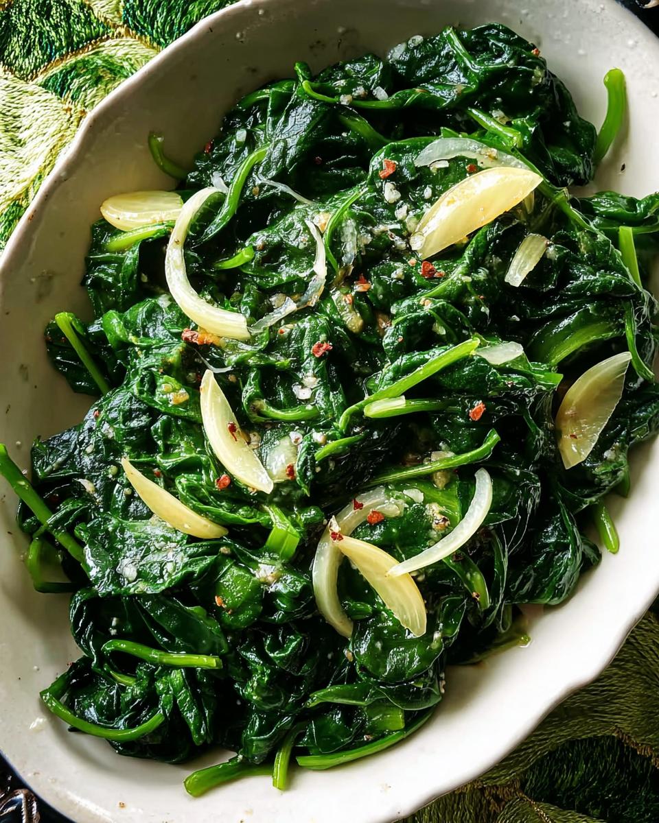 A close-up of garlicky sautéed spinach with sliced onions and red pepper flakes, part of 20-Ingredient Veggie Sides Recipes.
