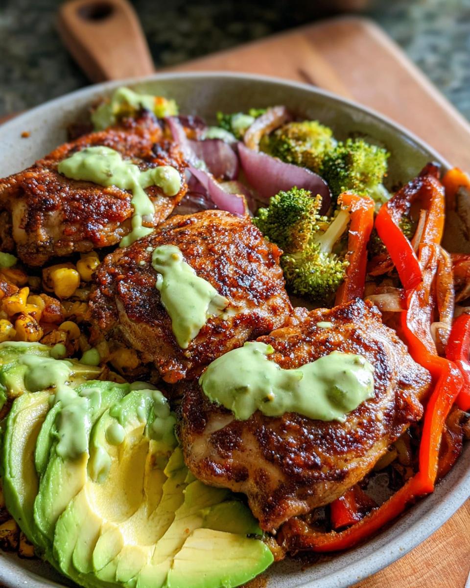 Close-up of a delicious 20-minute chicken recipe bowl featuring seasoned chicken thighs, sliced avocado, corn, broccoli, and bell peppers, drizzled with a green sauce.