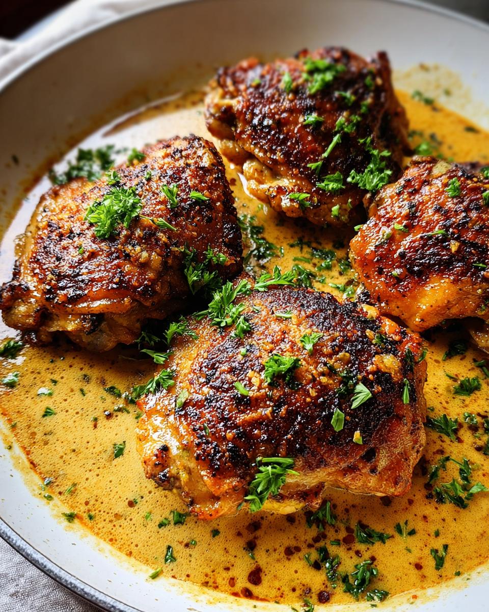Four pan-seared chicken thighs in a rich, creamy sauce, garnished with fresh parsley. A quick and easy chicken thigh recipe.