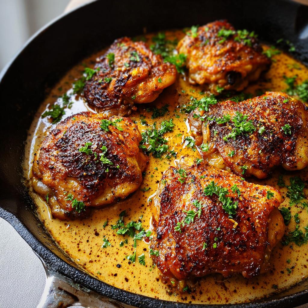 Golden brown pan-seared chicken thighs in a creamy sauce, garnished with fresh parsley. Perfect for 20-minute chicken thigh recipes.