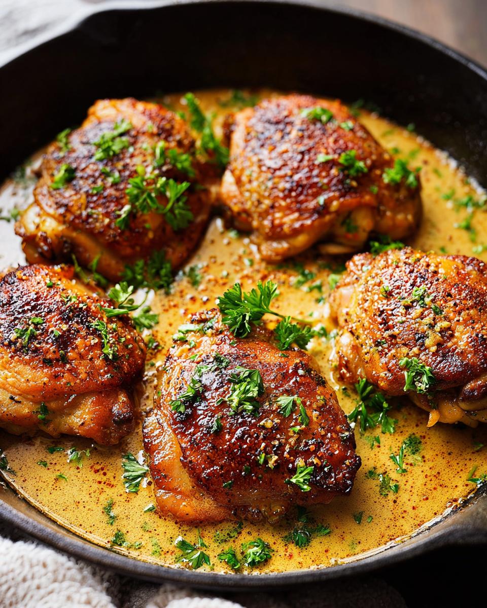 Close-up of golden-brown chicken thighs in a creamy sauce, garnished with parsley, from our 20-Minute Chicken Thigh Recipes.