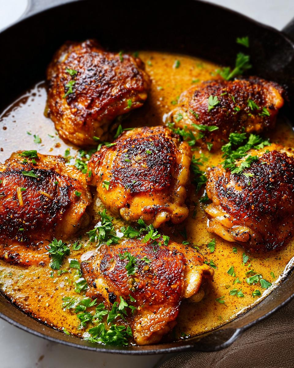 Close-up of pan-seared chicken thighs in a rich, glossy sauce, garnished with fresh parsley.