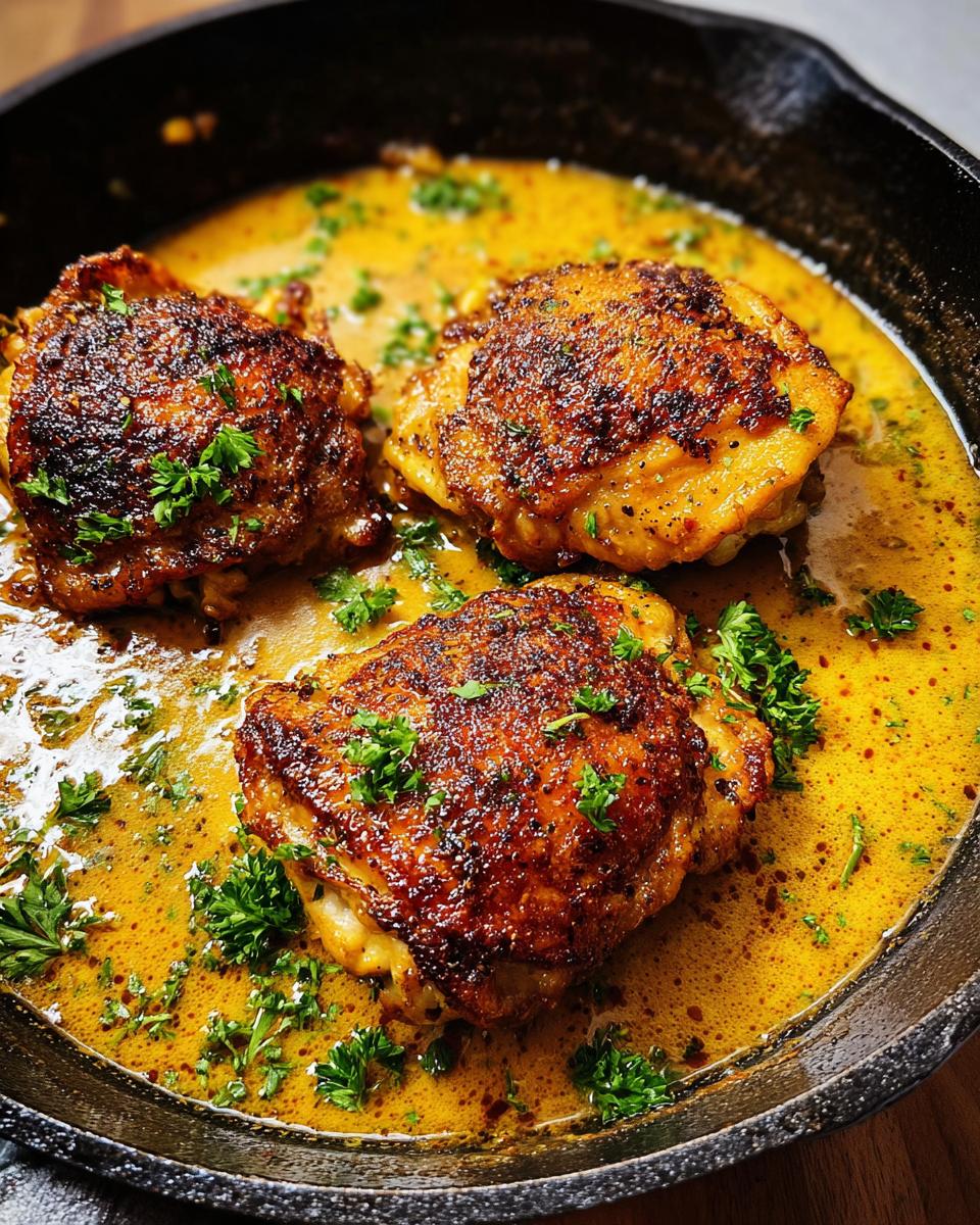 Three pan-seared chicken thighs in a rich, golden sauce, garnished with fresh parsley. A perfect example of 20-minute chicken thigh recipes.