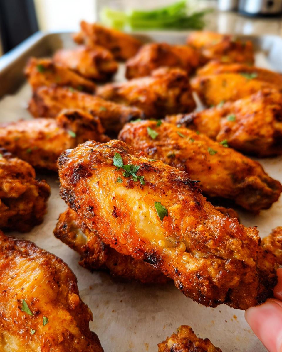 Close-up of perfectly cooked 25-ingredient chicken wings, seasoned and garnished with parsley.