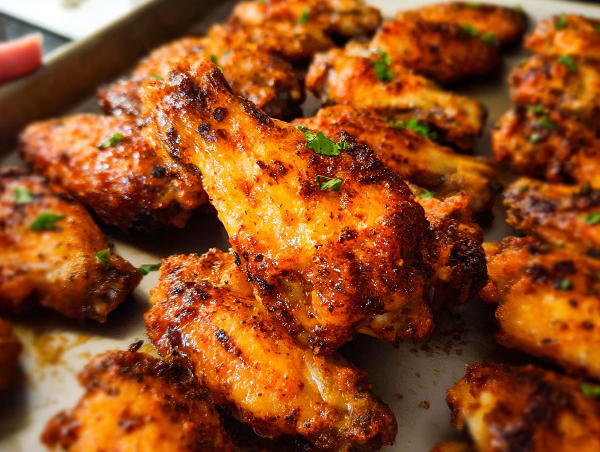 Close-up of perfectly seasoned and baked 25-Ingredient Chicken Wings on a baking sheet, sprinkled with parsley.